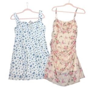 Lot of 2 Floral Mini Dresses Blue White Lace Trim Pink Ruched Mesh NWT L/XL